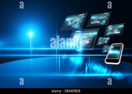 Floating 3D holographic interface cluster is hovering over platform with smartphone and data panels Stock Photo