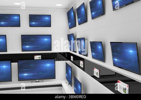 Flat design showroom is featuring flat TVs showing blue glow on white shelves with info tags Stock Photo
