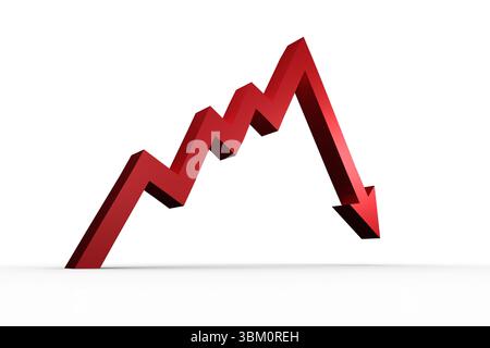 Red 3D zigzag arrow line is rising then falling on white backdrop with shadow, copy space Stock Photo