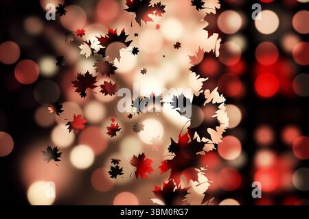 Abstract composition showing red black beige maple leaves scattering over warm bokeh orb backdrop Stock Photo