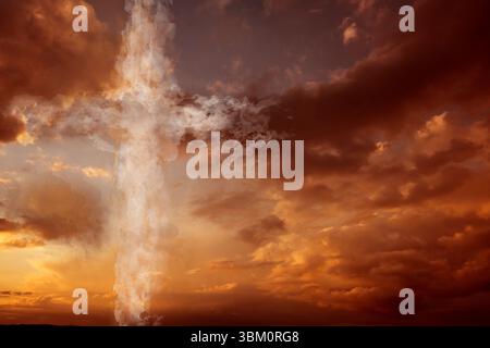 Sunset sky is showing vertical bright cloud column crossing horizontal wisp in flat design Stock Photo