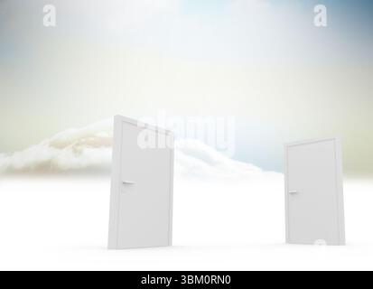 Surreal flat design showing two white doors standing on glossy floor floating in clouds pastel sky Stock Photo