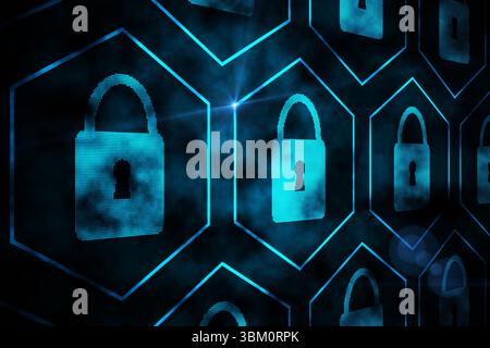 Glowing padlock icons are forming hexagonal grid in security UI with smoky background and flares Stock Photo