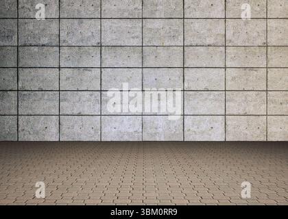 Flat design showing grid-pattern concrete wall rising above brick pavement under gray sky Stock Photo