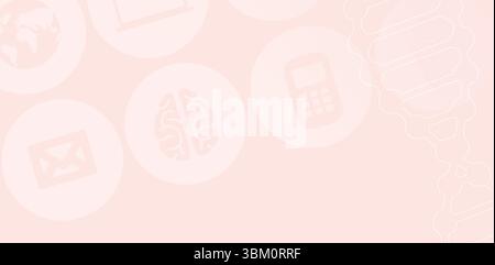 Showing flat translucent circles on pink featuring brain, envelope, globe, calculator and DNA helix Stock Photo