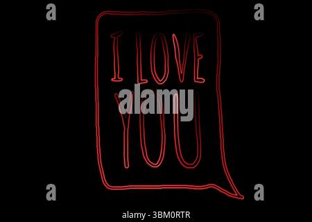 Red neon speech bubble is glowing in flat design on black background, featuring I LOVE YOU Stock Photo