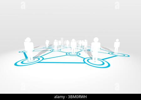 White 3D figures are standing on blue nodes linking via lines, casting shadows on gradient backdrop Stock Photo