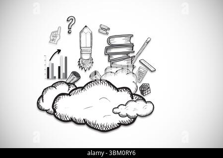 Sketch art is emerging from clouds with books, pencil rocket, chart on white gradient, copy space Stock Photo