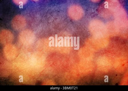 Warm orange red and pink bokeh lights and grunge texture are merging on distressed flat design Stock Photo