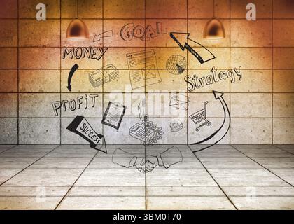 Flat design is showing hand-drawn business cycle with money stack on grid wall with copper lamps Stock Photo