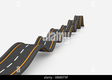 3D graphic is showing wavy asphalt road in white background with dashed center and yellow edges Stock Photo
