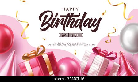 Elegant balloon birthday card clipart design in pink and white abstract background. Stock Vector