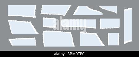 Light blue torn paper pieces set. Ripped paper sheet strips collection. Shapes and elements with jagged uneven edges for collage, text box, banner, sticker, poster. Vector textured cardboard fragments Stock Vector