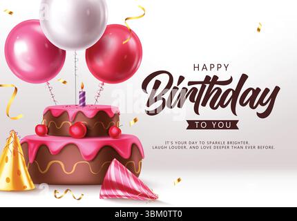 Elegant Happy Birthday Greeting design with Balloons, Cake, and Party hats for a Special Celebration. Stock Vector