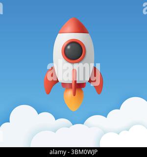 Vector 3d Rocket Icon, Startup Launch Concept. Cartoon Spaceship, Vector Illustration. Modern Business Logo, Flying Spacecraft Symbol. Missile Design Stock Vector