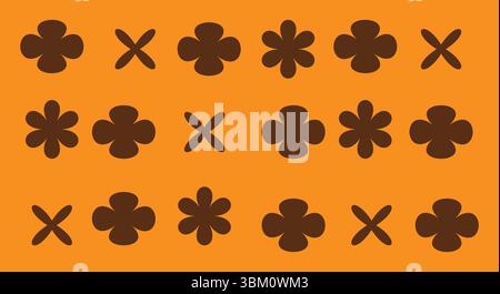 Brown Floral and Cross Symbols Pattern – Retro Abstract Icons on Orange Background Stock Vector