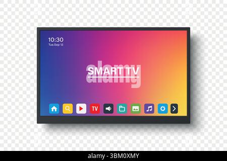 Vector 3d Realistic Smart TV Interface with Apps on Screen. Flat Smart Television Mockup with Remote App Icons, Colorful Home Media Display, Streaming Stock Vector