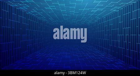 Game metaverse with grid in 3D VR background featuring neon line art and futuristic light. Digital floor and space form a wireframe arcade world. Stock Vector