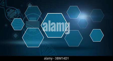 Large central blue hexagon is floating in dark flat design, showing DNA helix and medical crosses Stock Photo