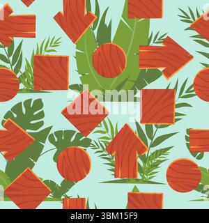 Wooden signs seamless pattern. Green tropical leaves. Jungle plants foliage. Wood signboard shapes. Repeated print. Pointer arrow. Round and square ti Stock Vector