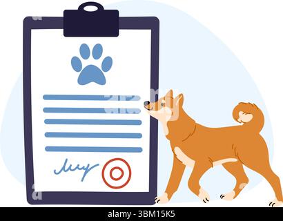 Vet document. Dog passport. Health certificate for transportation. Travel with pet. Paper at clipboard. Veterinary board. Doggy medical prescription. Stock Vector