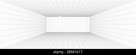 Grid perspective in 3D background with room and line wire layout for floor and white dimension. Frame and pattern define virtual space. Vector mesh fo Stock Vector