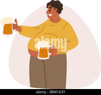 Overweight guy with two beer mugs. Health problems. Overweight man drinking lager. Octoberfest party. People suffer from obesity. Fat abdomen body. Un Stock Vector