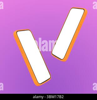 Two phone mockup with blank screen floating in air. Pair of tilted mobile devices with orange and purple gradient background. Technology gadget displa Stock Photo