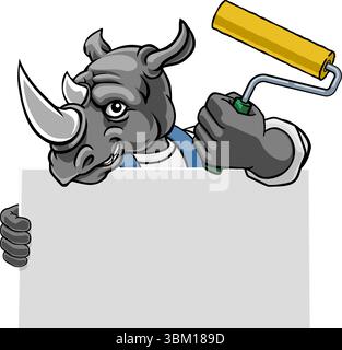 Rhino Painter Decorator Paint Roller Mascot Man Stock Vector