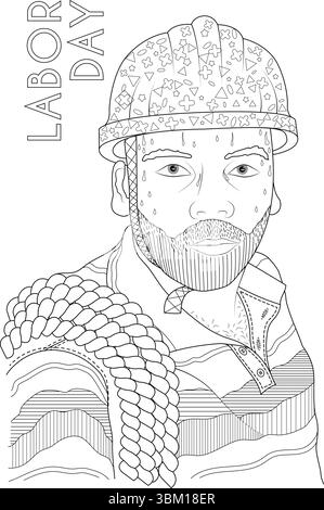 Black and white line art illustration depicting a determined working man wearing a hard hat and a heavy rope over his shoulder, with sweat drops on hi Stock Vector