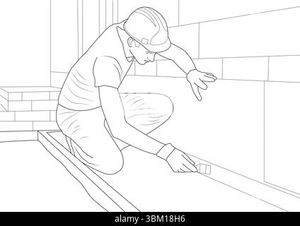 Black and white line art illustration depicting a construction worker in a hard hat, kneeling and diligently performing tasks. This image represents t Stock Vector
