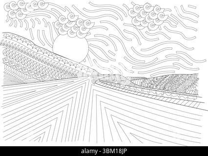 An intricate black and white line drawing of an abstract landscape, perfect for adult coloring books or meditative art therapy. The illustration depic Stock Vector