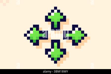 Four green arrows pointers. Game element drawn in pixel art style. Stock Vector