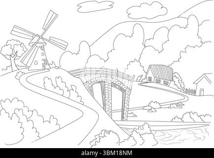 Detailed black and white line drawing of a picturesque rural landscape. The scene features a traditional windmill on a hill, an old stone bridge cross Stock Vector