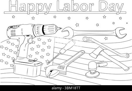 Black and white line art illustration for coloring, celebrating Labor Day with the text 'Happy Labor Day', a background pattern resembling the US flag Stock Vector