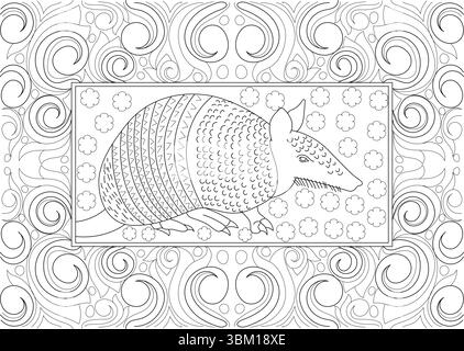 Black and white line art drawing featuring an armadillo centered within a rectangular frame filled with simple cloud shapes. The frame is enclosed by Stock Vector