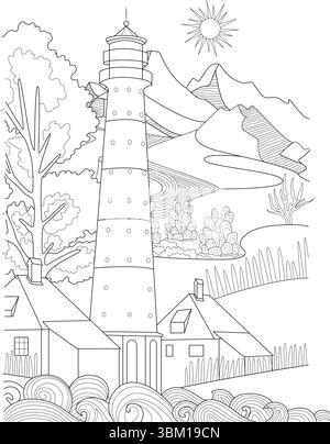 A black and white outline illustration depicting a picturesque coastal scene centered around a traditional lighthouse. The foreground features dynamic Stock Vector