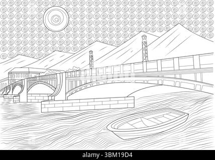 A black and white line art illustration depicting a serene mountain landscape. The scene includes flowing river water with a small boat, multiple brid Stock Vector