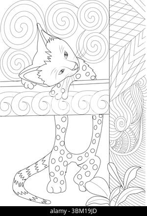 Detailed black and white line art illustration featuring a spotted animal, possibly a cat or cheetah, depicted in a relaxed, lazy pose hanging upside Stock Vector