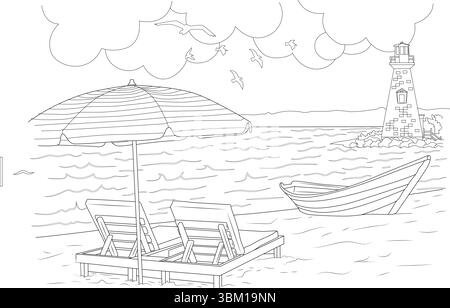 A serene line drawing illustration depicting a picturesque coastal landscape. The scene includes a historic lighthouse standing tall on a rocky outcro Stock Vector