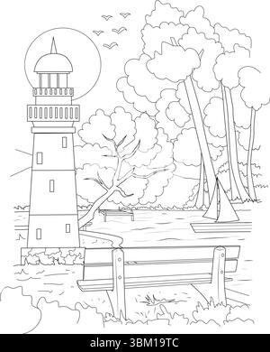 Black and white line art illustration featuring a serene coastal or lakeside landscape. The scene includes a prominent lighthouse, a body of water wit Stock Vector