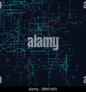 Futuristic Neural Circuit Board Design With Glowing Data Connections and Complex Cyber Grid Elements on Dark Tech Background. High-Tech Abstract Stock Vector