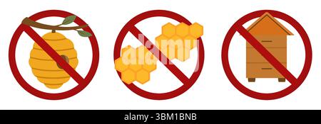 Vector set of prohibition signs with a beehive, apiary and honeycombs. Beekeeping is prohibited. Places prohibited for bees. Dangers of beekeeping Stock Vector