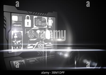 Futuristic 3D interface is floating above dark surface displaying padlock icon and data charts Stock Photo