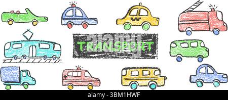 Colorful vector set of crayon drawn vehicles including police, passenger car, ambulance, fire truck, taxi and train. Wax pastel squiggles with Stock Vector