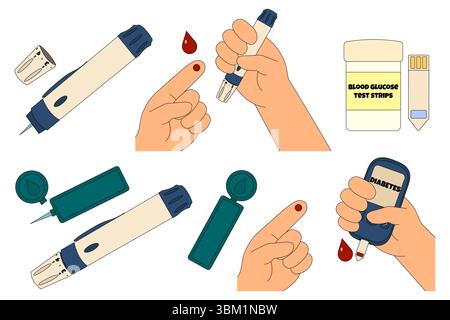 Set of diabetes testing and glucose monitoring with lancets, test strips, blood samples, and glucometer. Medical illustration isolated on white backgr Stock Vector