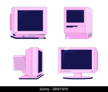 Pink vintage computers and CRT monitors 2D cartoon objects set Stock Vector