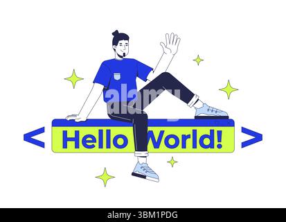 Developer over hello world text banner 2D illustration concept Stock Vector