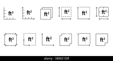 Square feet measurement icon with FT2 symbol. Outline vector representing home, apartment, or real estate area in imperial units Stock Vector