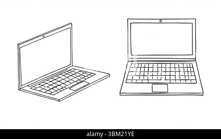 Stylized two open laptops in front view and isometric perspective monochrome vector set. Simple line art of monochrome notebook for tech presentation Stock Vector